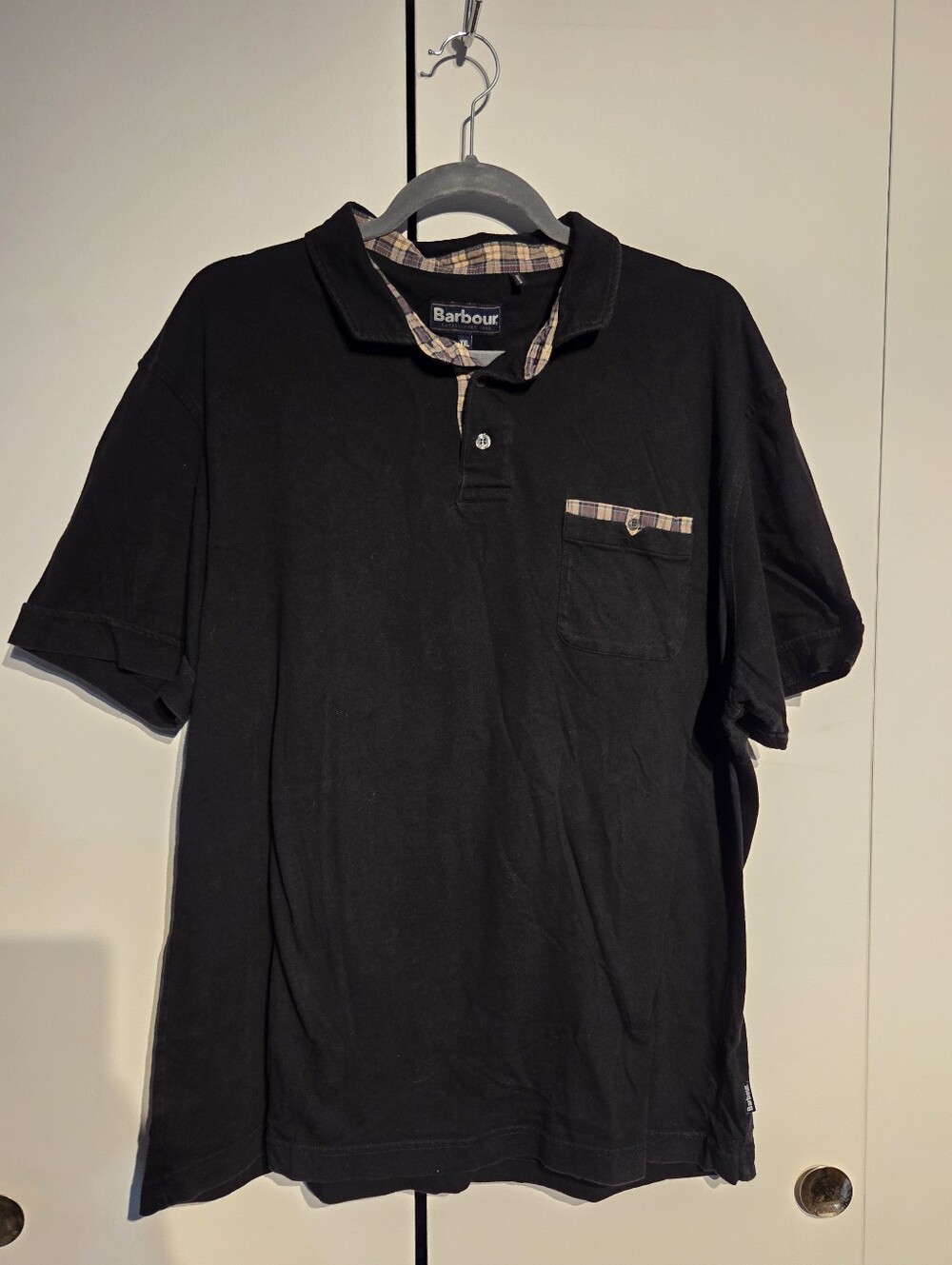 Barbour Black Polo with Tartan Collar and Pocket Trim